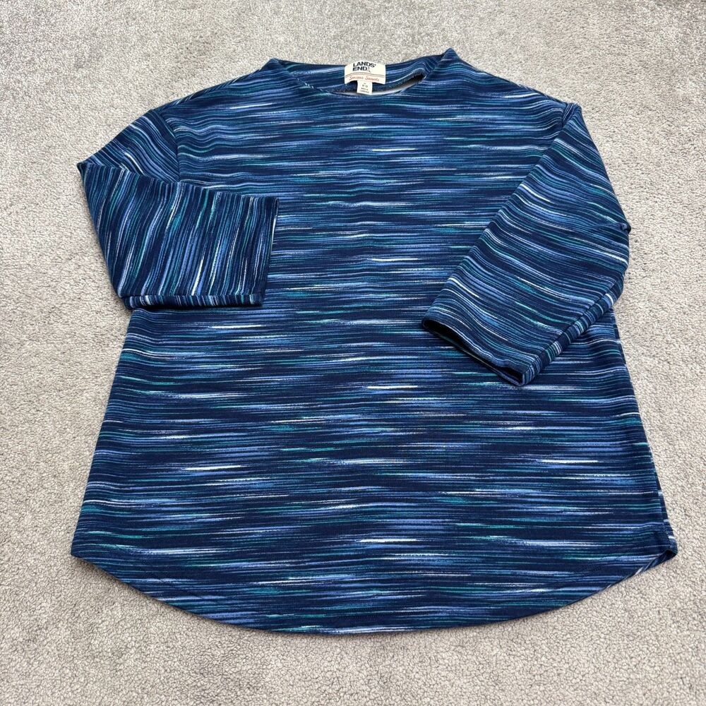 Lands' End Serious Pullover Sweater Womens Medium Funnel Neck Blue Space Dye Top